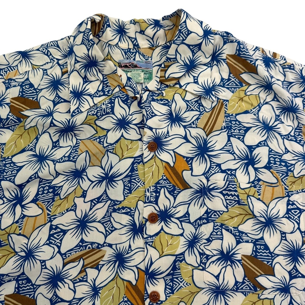 Reyn Spooner Shirt Mens L Blue Short Sleeve Button Floral Hawaiian Aloha Rayon